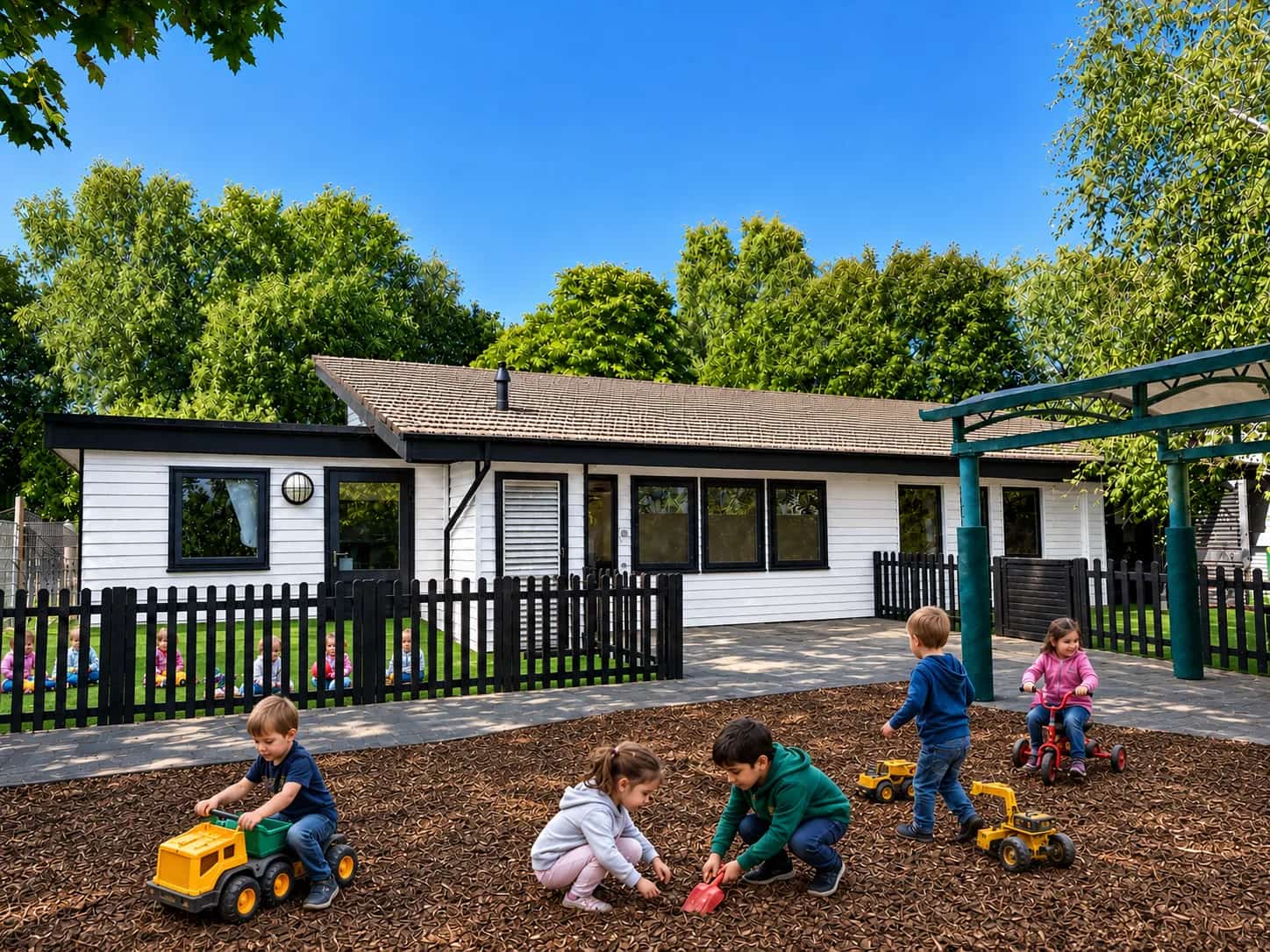 Children playing in the bark-chip play area outside the Blue Nest Montessori Aldershot nursery
