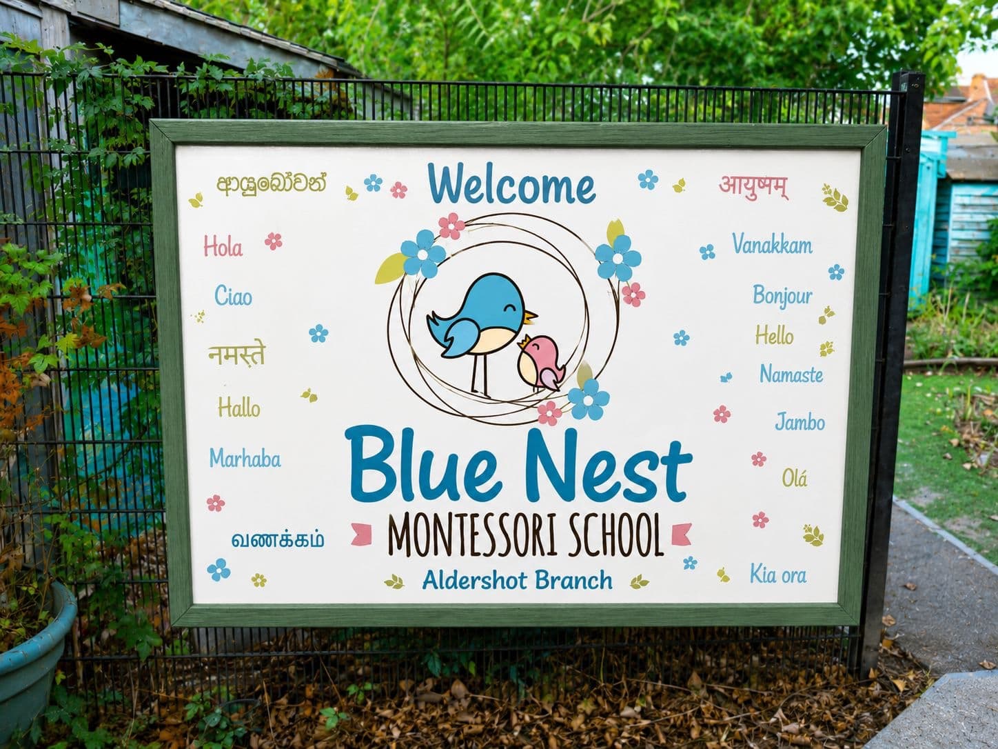 The Aldershot welcome board greeting families in many languages, from Hola to Vanakkam